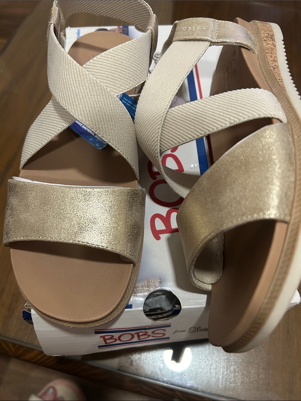 Skechers Women's Gold and Cream Crisscross Elastic Sandals